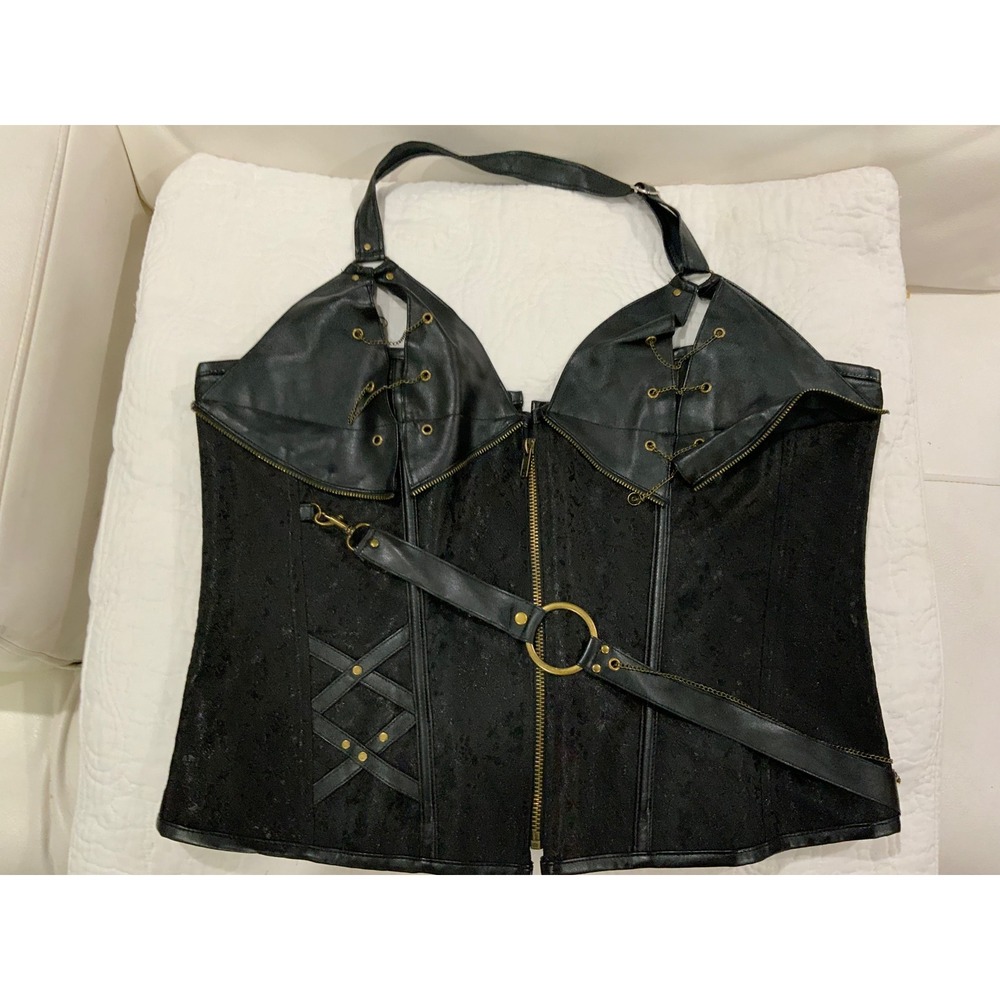 Black Steampunk Halter Corset Faux Leather Brocade Zipper Lace Up Top 5XL